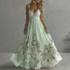 Women's Vintage Rose Embroidery Art V-neck Suspender Maxi Dress