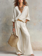 📦📦LAST DAY SAVE 49% ⏰Women's Casual Linen Vacation Set – Three-Quarter Sleeve Top & Full-Length Pants