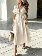 ✨⏰Women'S V-Neck Loose-Fitting Comfortable Long Solid Color Short-Sleeved Dress