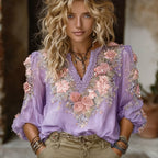 Bohemian Style Pink Rose Black Casual V-neck Long Sleeved Top