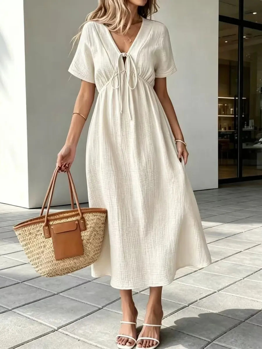 ✨⏰Women'S V-Neck Loose-Fitting Comfortable Long Solid Color Short-Sleeved Dress