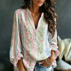 Women's Pink Floral Art Embroidery Spliced Striped Comfortable Cotton Linen V-neck Long Sleeve Top