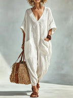 50% OFF NOW - Oversized Linen-look Cotton V-neck Harem Jumpsuit
