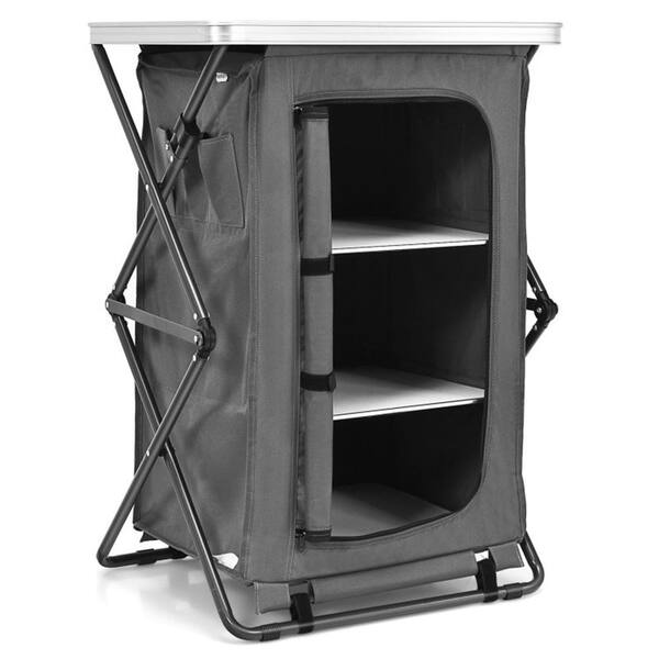 💚Grey Portable Outdoor Camping Storage Cabinet Folding Organizer Kitchen Table W/3-Shelves and Carry Bag For BBQ 35 in. H