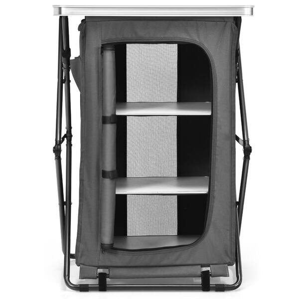 💚Grey Portable Outdoor Camping Storage Cabinet Folding Organizer Kitchen Table W/3-Shelves and Carry Bag For BBQ 35 in. H