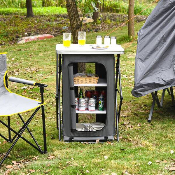 💚Grey Portable Outdoor Camping Storage Cabinet Folding Organizer Kitchen Table W/3-Shelves and Carry Bag For BBQ 35 in. H