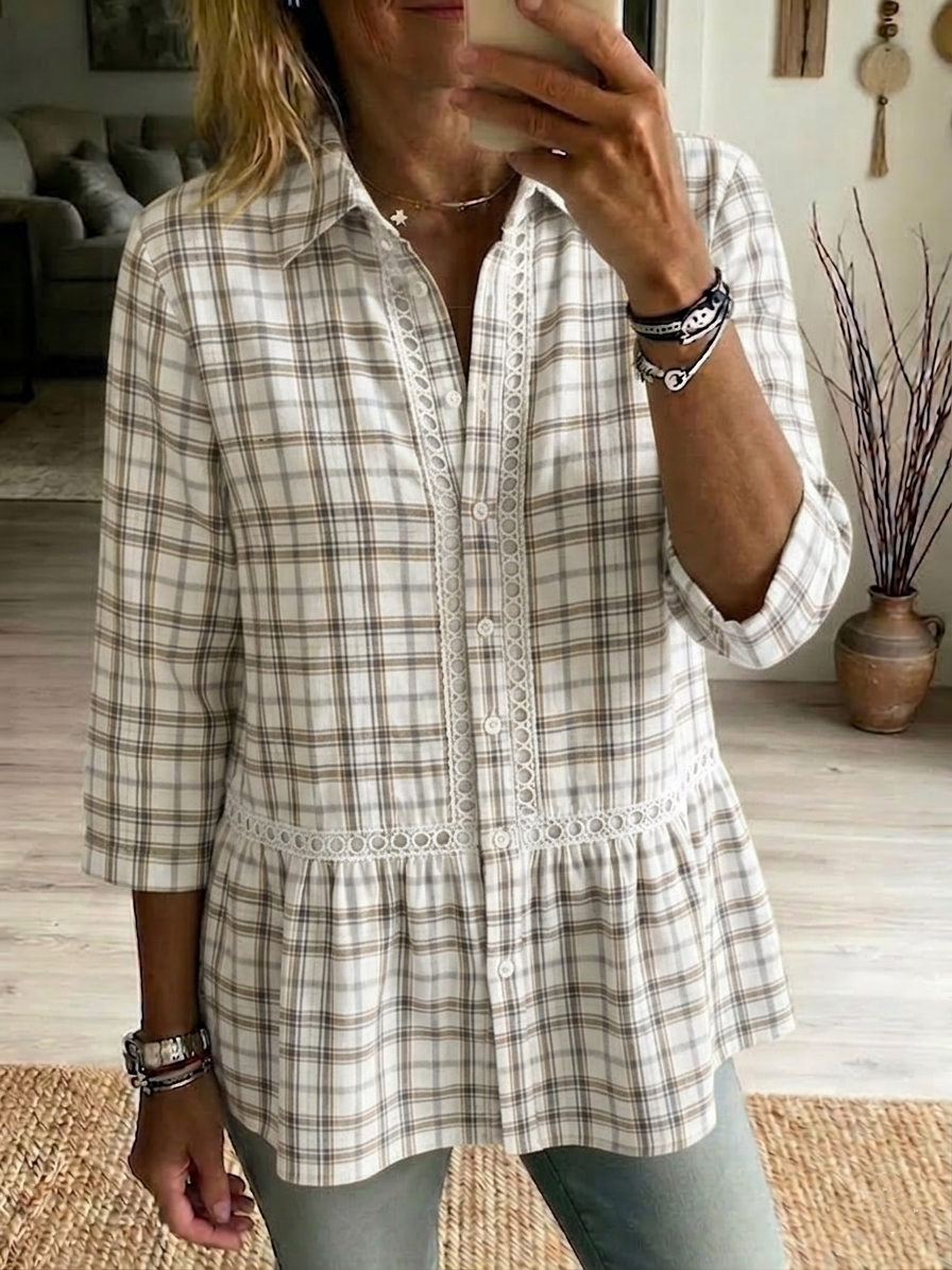 New Arrivals🔥 Plaid Cotton Linen Shirt | Patchwork Openwork & Satin Ribbon Accent