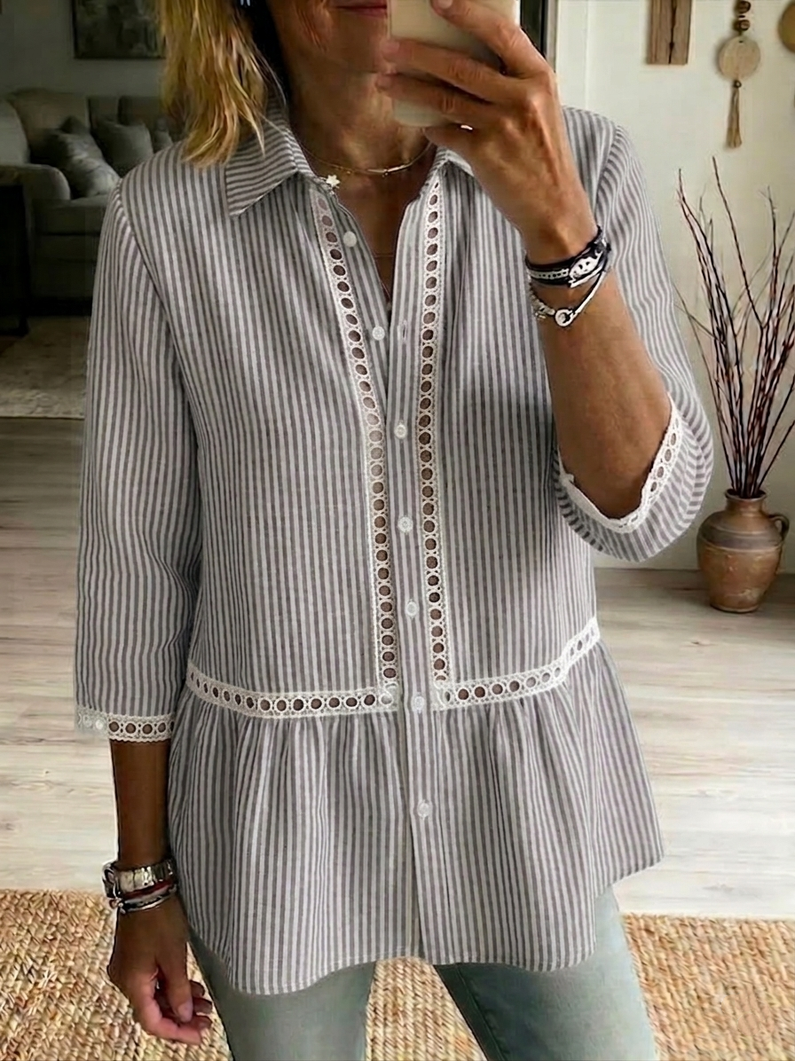 New Arrivals🔥 Women's Casual Patchwork Cutout Shirt, Striped Webbing Linen Cotton Top
