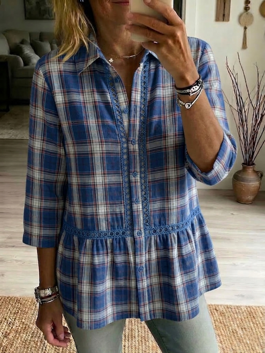 New Arrivals🔥 Plaid Cotton Linen Shirt | Patchwork Openwork & Satin Ribbon Accent