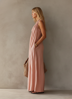 Women's Elegant Pink Cotton-Linen One-Shoulder Sleeveless Maxi Dress