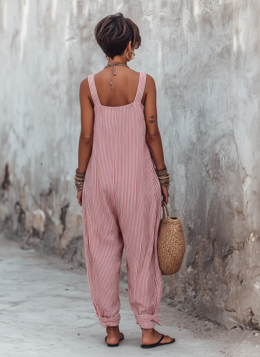 📦📦LAST DAY SAVE 49% ⏰Women's Minimalist Striped Loose-Fit Square-Neck Sleeveless Jumpsuit