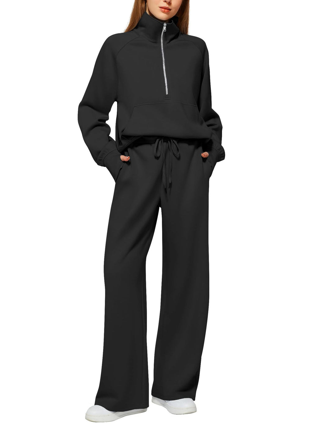 Women's two-piece oversized half-zip sweatshirt and wide-leg sweatpants casual set