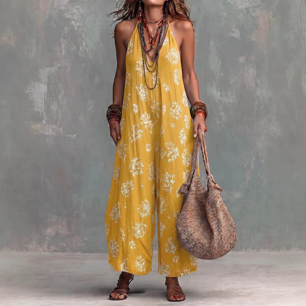 📦📦LAST DAY SAVE 49% ⏰Women's Yellow Boho Floral Halter Wide-Leg Jumpsuit