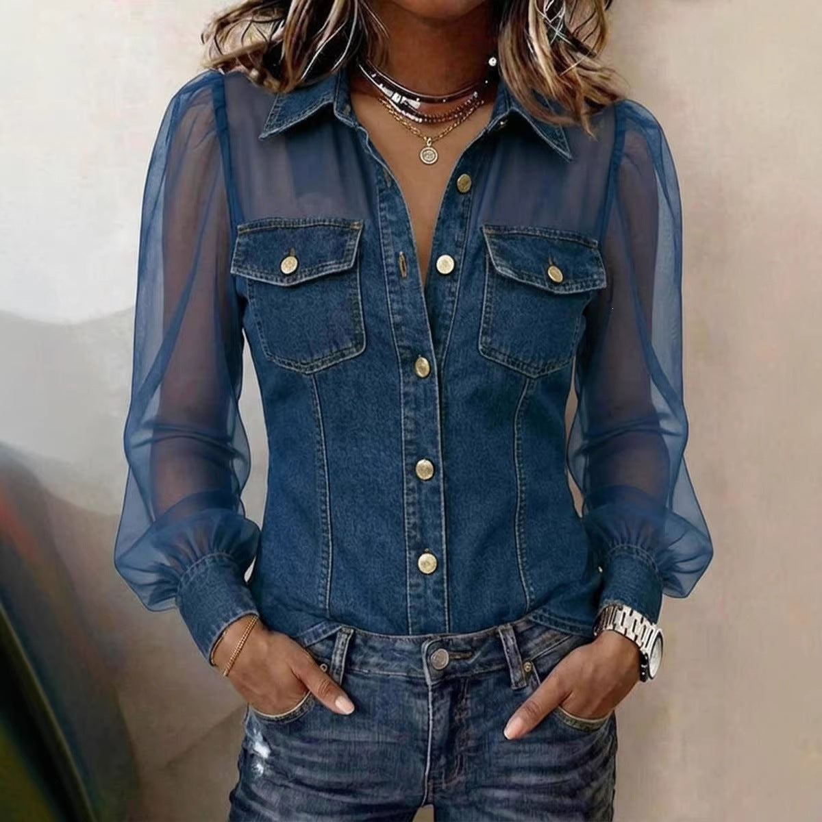 📦📦LAST DAY SAVE 49% ⏰Women's Casual Denim Patchwork Chiffon See Through Button Pocket Long Sleeve Blouse