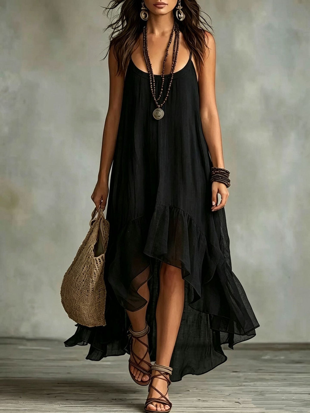💝💝Boho Irregular Ruffle Hem Sleeveless Chiffon Maxi Dress