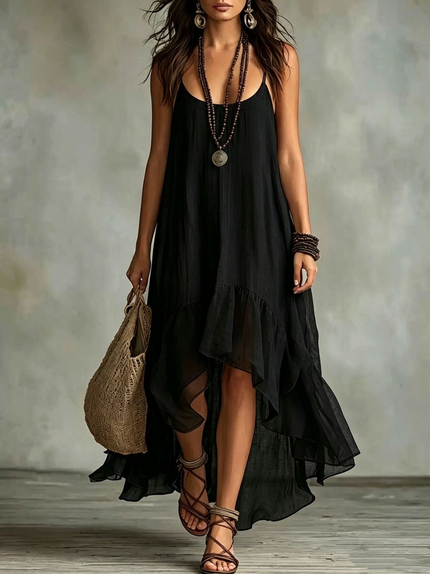 💝💝Boho Irregular Ruffle Hem Sleeveless Chiffon Maxi Dress