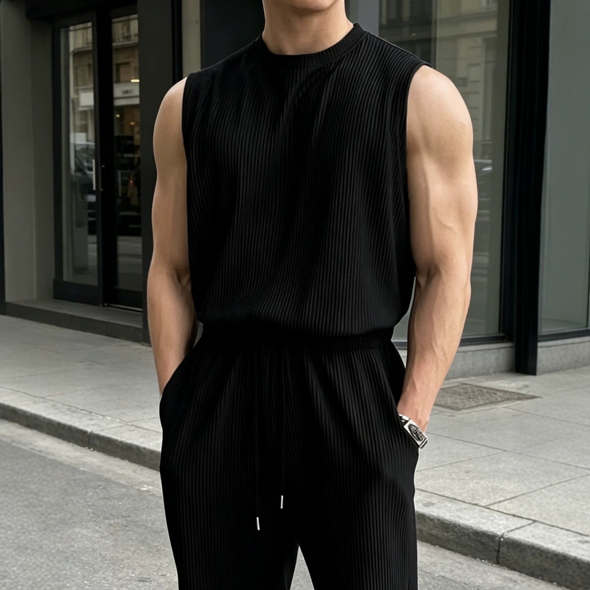 📦📦Mens 2 Piece Rib Knit Sweatsuit Tank Top Baggy Wide Leg Pants Set Vacation Beach Outfit for Men
