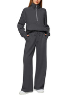 Women's two-piece oversized half-zip sweatshirt and wide-leg sweatpants casual set
