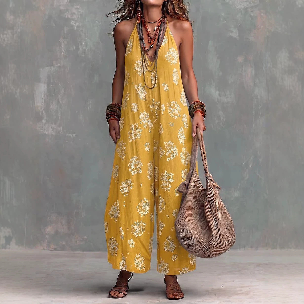📦📦LAST DAY SAVE 49% ⏰Women's Yellow Boho Floral Halter Wide-Leg Jumpsuit