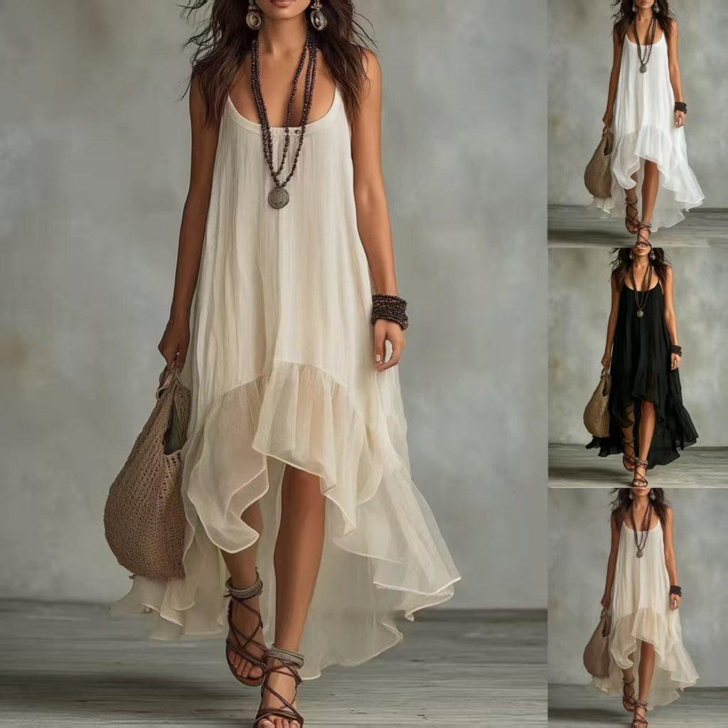 💝💝Boho Irregular Ruffle Hem Sleeveless Chiffon Maxi Dress