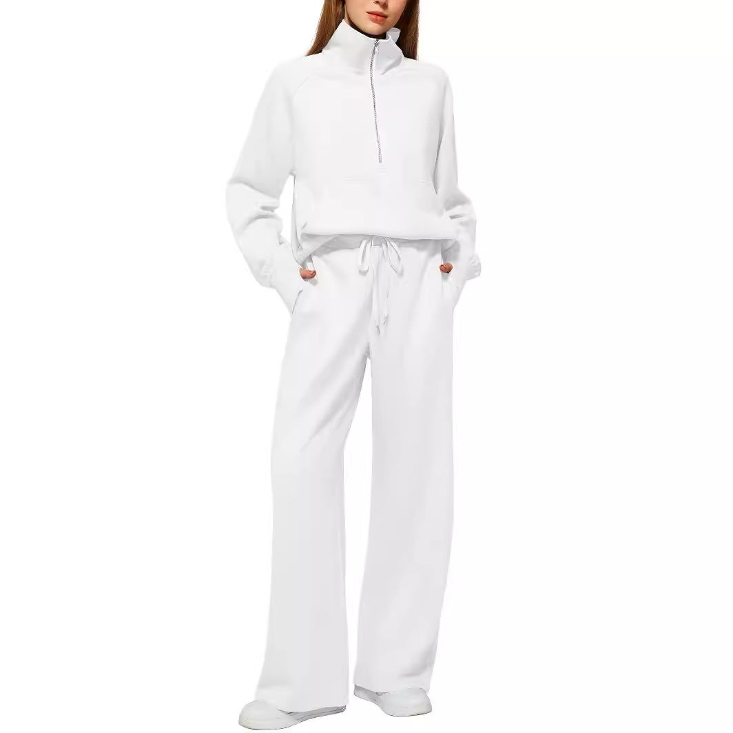 Women's two-piece oversized half-zip sweatshirt and wide-leg sweatpants casual set