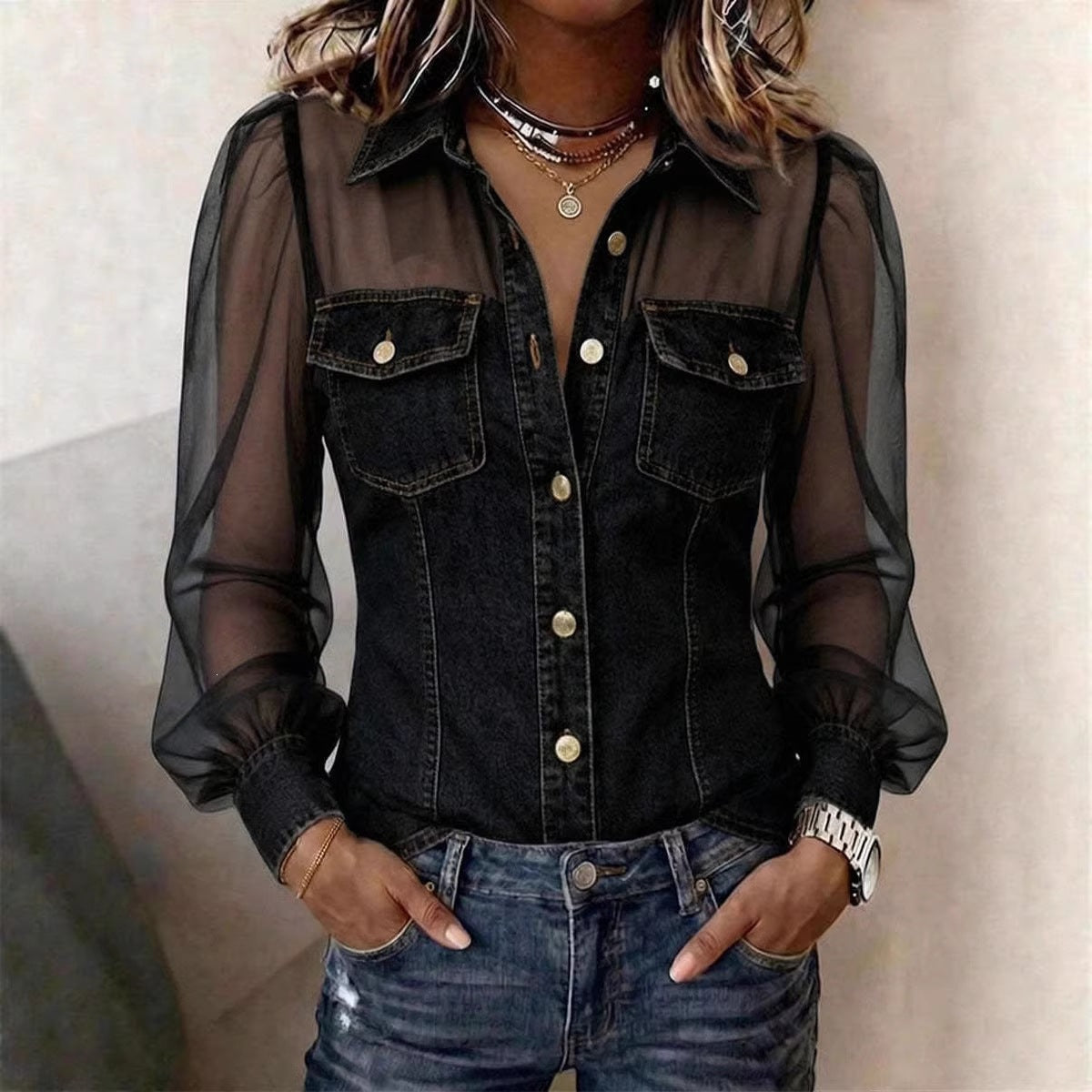 📦📦LAST DAY SAVE 49% ⏰Women's Casual Denim Patchwork Chiffon See Through Button Pocket Long Sleeve Blouse