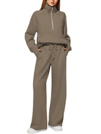 Women's two-piece oversized half-zip sweatshirt and wide-leg sweatpants casual set
