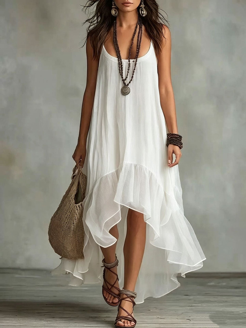 💝💝Boho Irregular Ruffle Hem Sleeveless Chiffon Maxi Dress