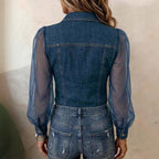 📦📦LAST DAY SAVE 49% ⏰Women's Casual Denim Patchwork Chiffon See Through Button Pocket Long Sleeve Blouse
