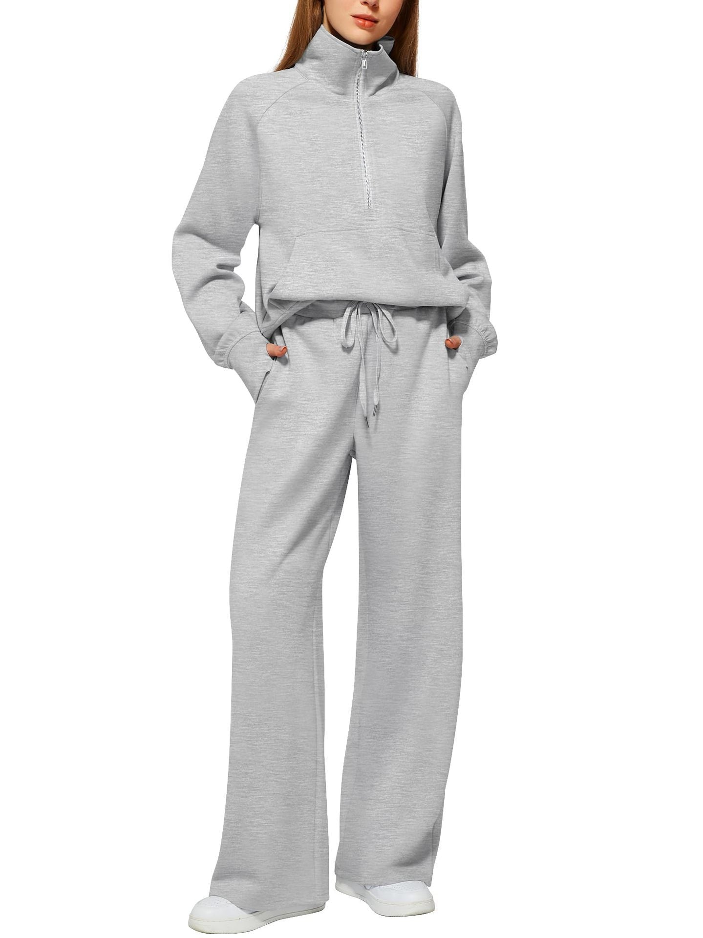 Women's two-piece oversized half-zip sweatshirt and wide-leg sweatpants casual set