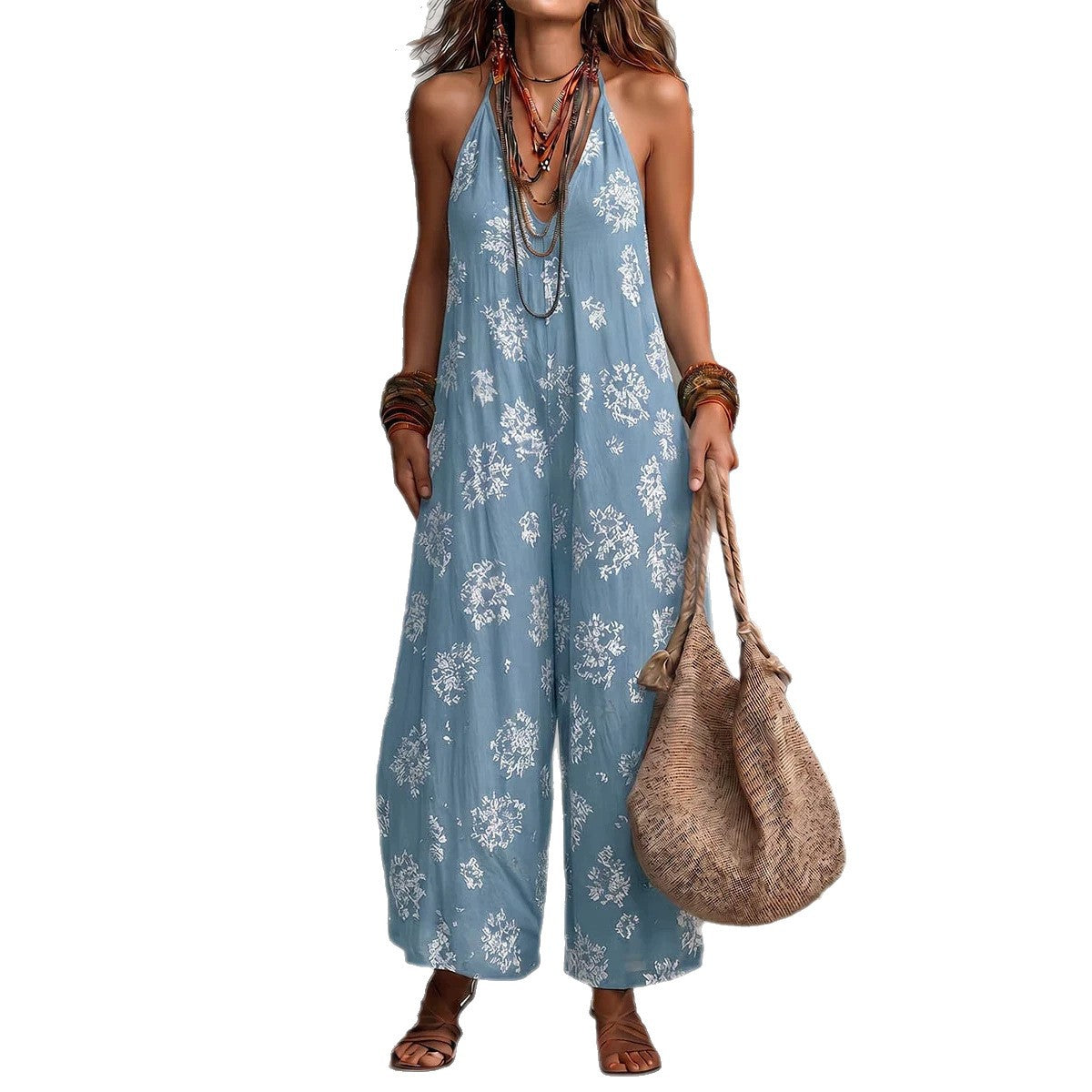 📦📦LAST DAY SAVE 49% ⏰Women's Yellow Boho Floral Halter Wide-Leg Jumpsuit