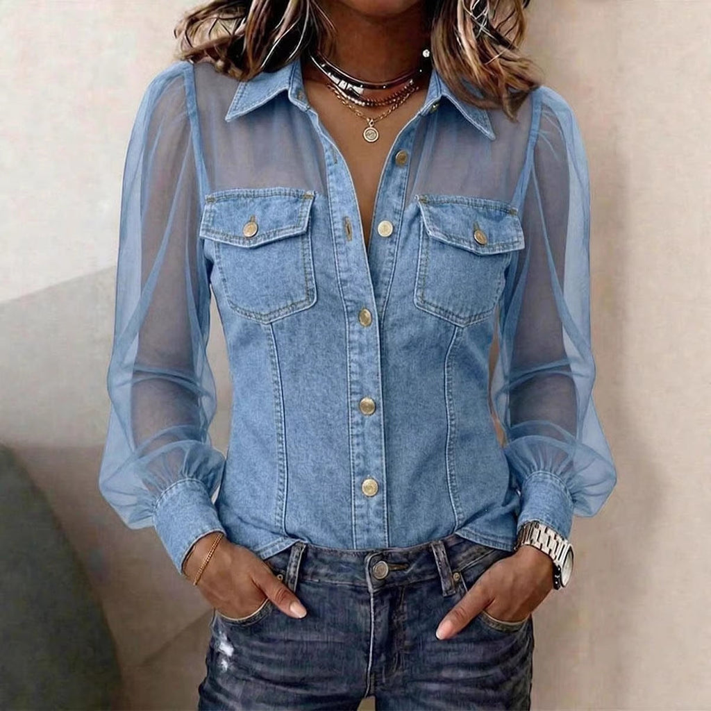 📦📦LAST DAY SAVE 49% ⏰Women's Casual Denim Patchwork Chiffon See Through Button Pocket Long Sleeve Blouse