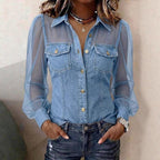 📦📦LAST DAY SAVE 49% ⏰Women's Casual Denim Patchwork Chiffon See Through Button Pocket Long Sleeve Blouse