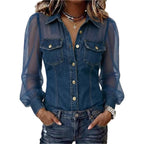 📦📦LAST DAY SAVE 49% ⏰Women's Casual Denim Patchwork Chiffon See Through Button Pocket Long Sleeve Blouse