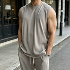 📦📦Mens 2 Piece Rib Knit Sweatsuit Tank Top Baggy Wide Leg Pants Set Vacation Beach Outfit for Men