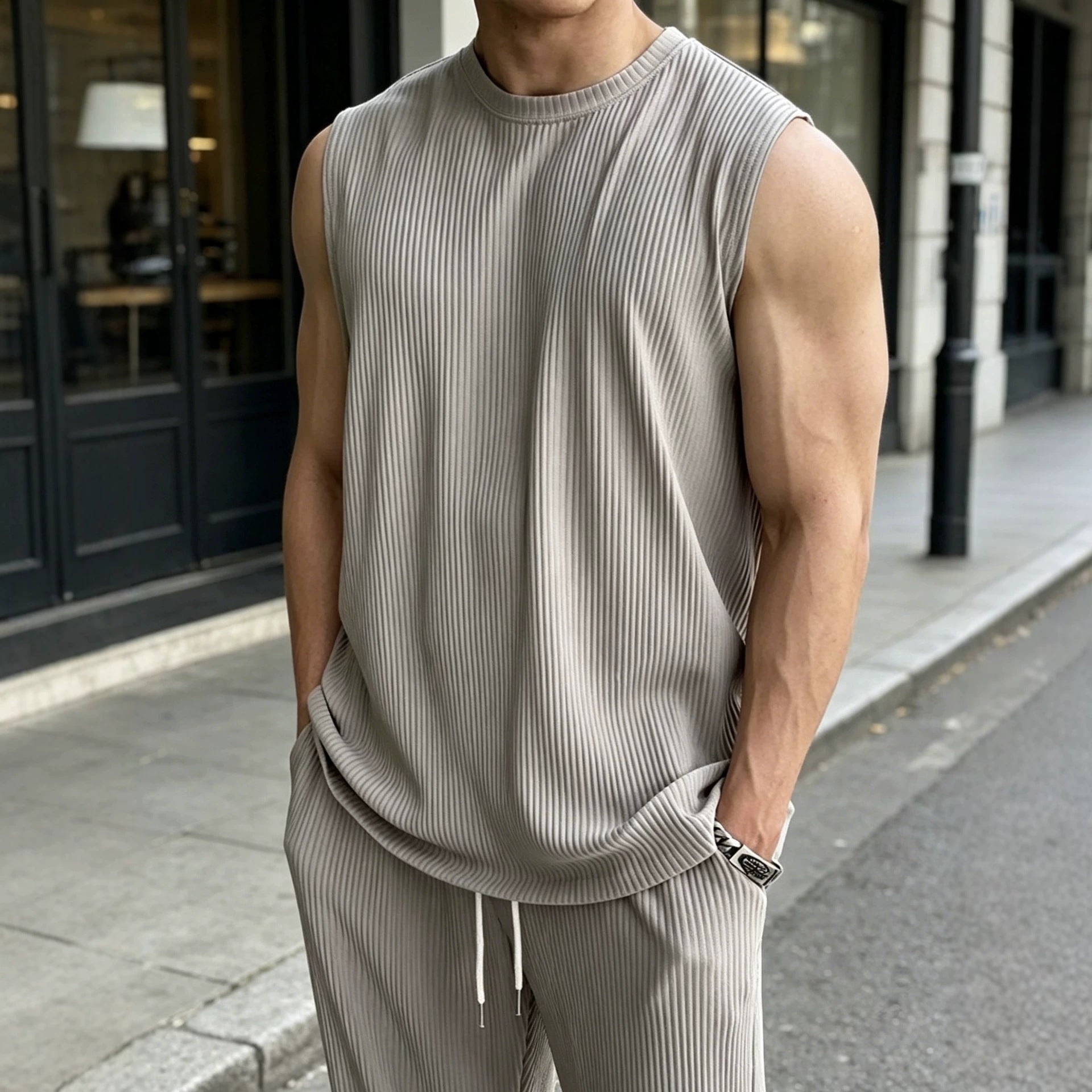 📦📦Mens 2 Piece Rib Knit Sweatsuit Tank Top Baggy Wide Leg Pants Set Vacation Beach Outfit for Men