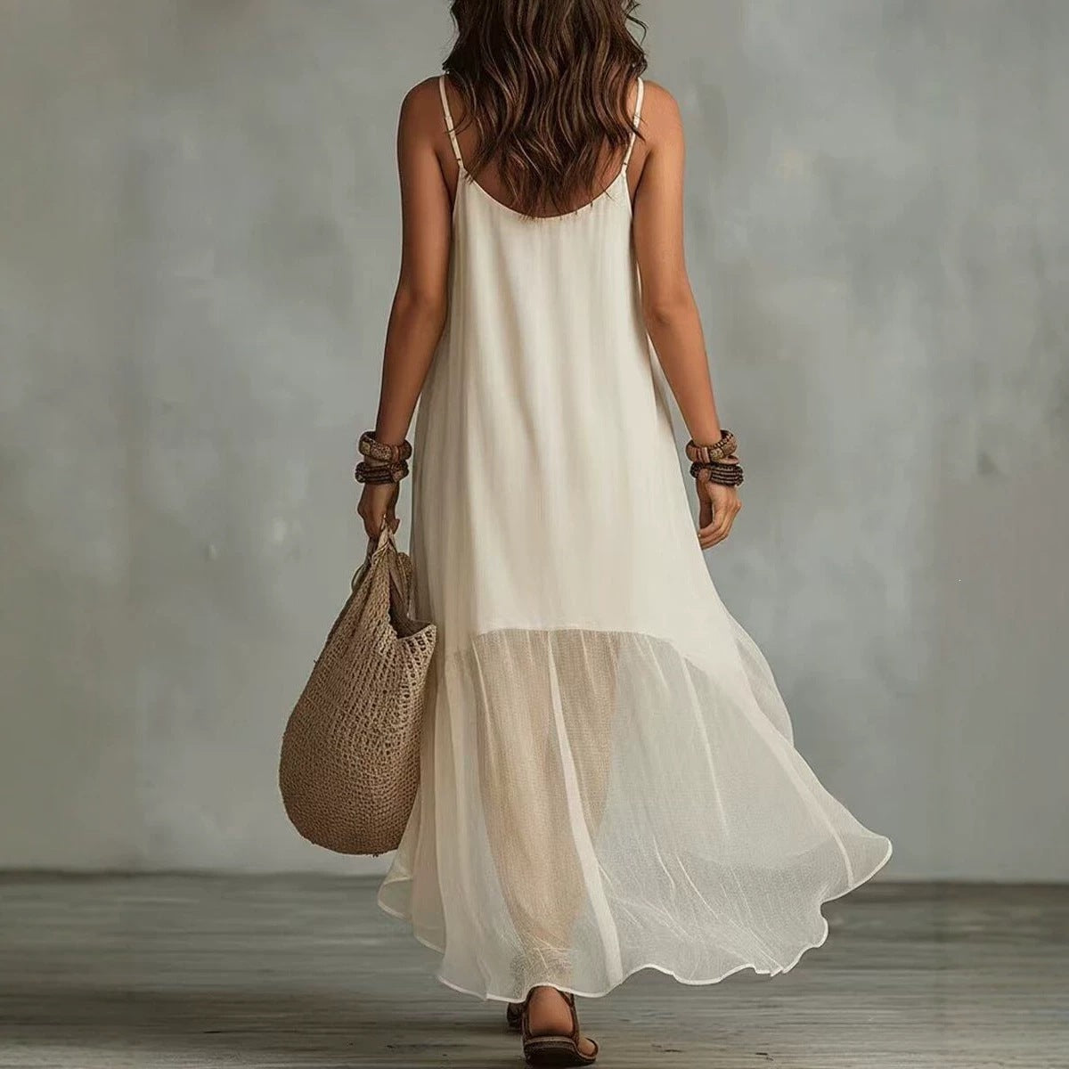 💝💝Boho Irregular Ruffle Hem Sleeveless Chiffon Maxi Dress
