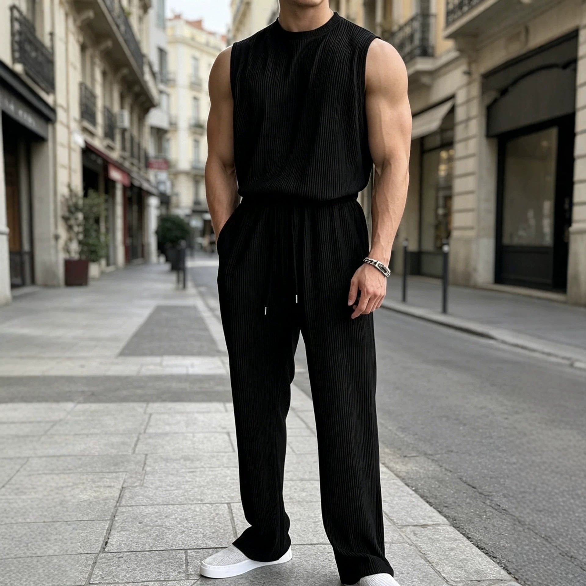 📦📦Mens 2 Piece Rib Knit Sweatsuit Tank Top Baggy Wide Leg Pants Set Vacation Beach Outfit for Men