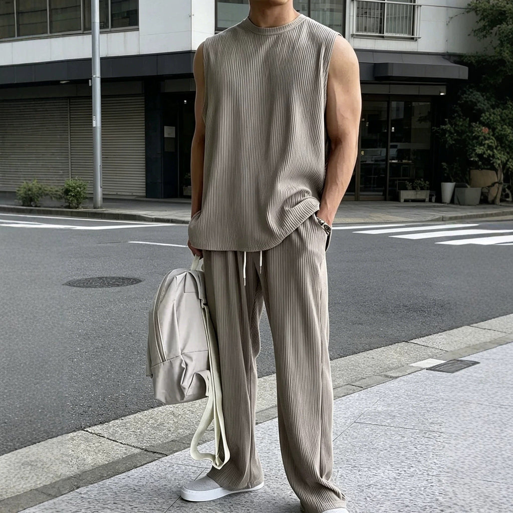 📦📦Mens 2 Piece Rib Knit Sweatsuit Tank Top Baggy Wide Leg Pants Set Vacation Beach Outfit for Men
