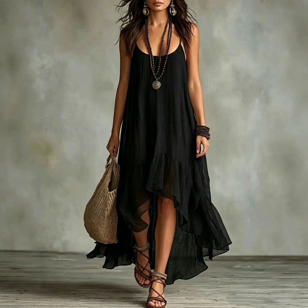 💝💝Boho Irregular Ruffle Hem Sleeveless Chiffon Maxi Dress