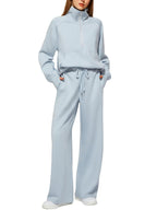 Women's two-piece oversized half-zip sweatshirt and wide-leg sweatpants casual set