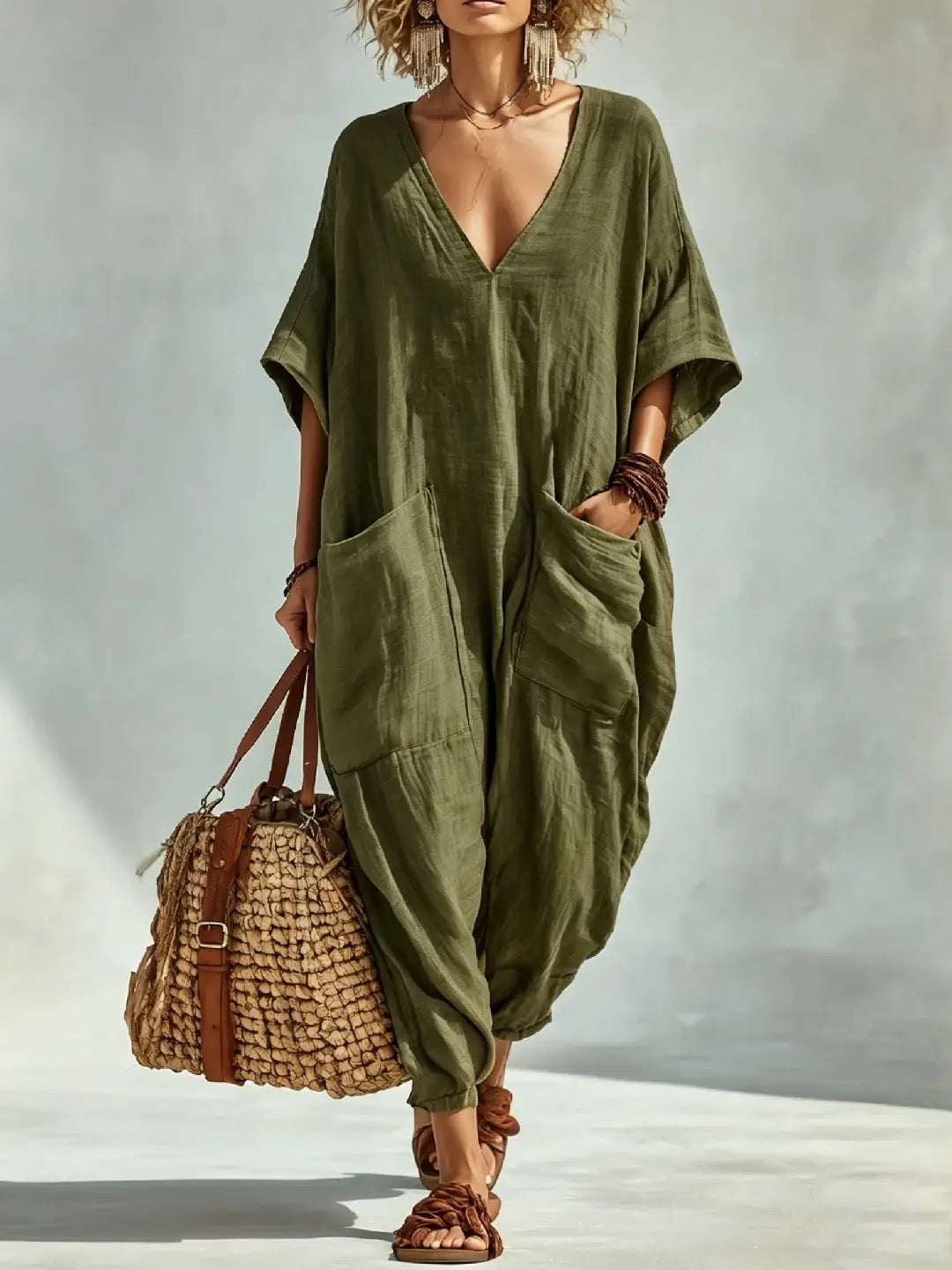 📦📦LAST DAY SAVE 49% ⏰Oversized Linen-look Cotton V-neck Harem Jumpsuit