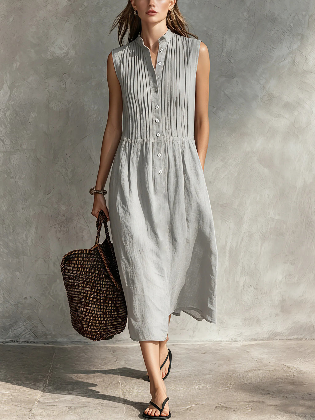 Women’s Casual Cotton-Linen Sleeveless Midi Dress