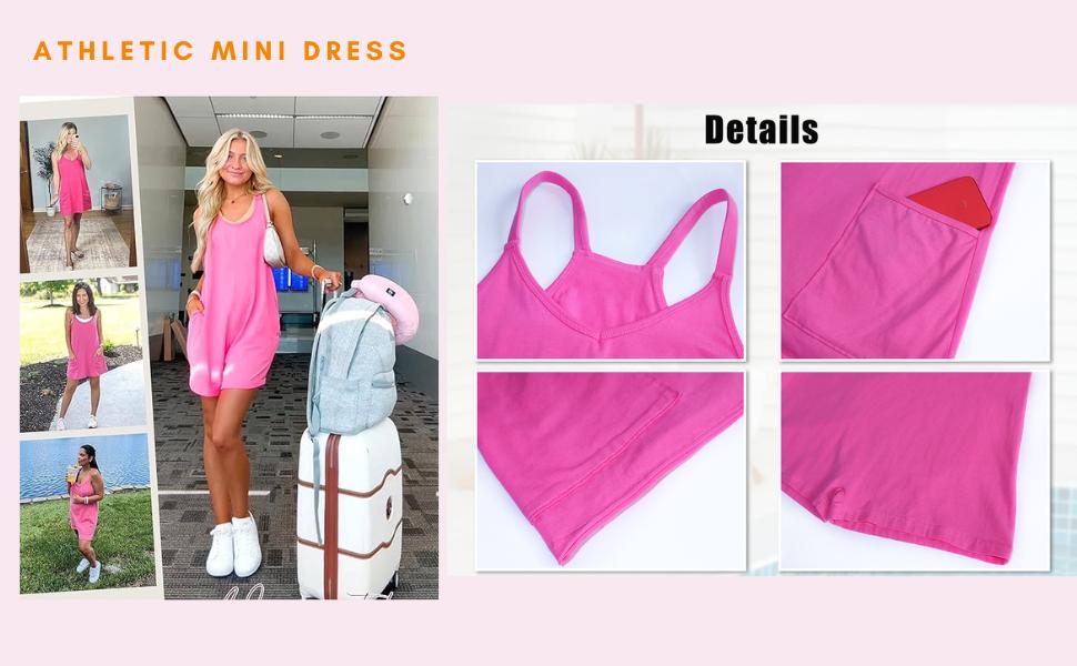 💝💝 Women's Summer Sleeveless Mini Dress with Built-in Shorts V Neck Spaghetti Straps Athletic Shorts Tennis Dress with Pockets