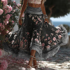 Women's Greece Vacation Greek Key With Floral Art Linen Blend Casual Skirt