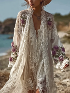 Women's Spring And Summer Linen Lace Patchwork Casual Long Cardigan