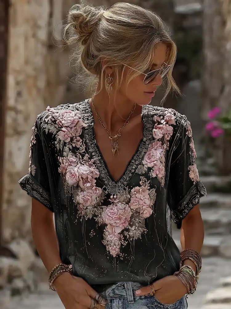 Women's Vintage Resort Embroidered Floral V-neck T-shirt