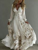 Women's Vintage Vintage Boho Floral Art V-neck Long Sleeves Maxi Dress