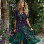 Women's Retro Purple Rose Pattern Casual Short-sleeve V-neck Dress