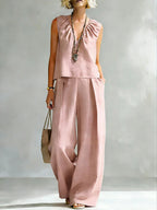 Women's Ruched V-neck Sleeveless Top And Pants Set